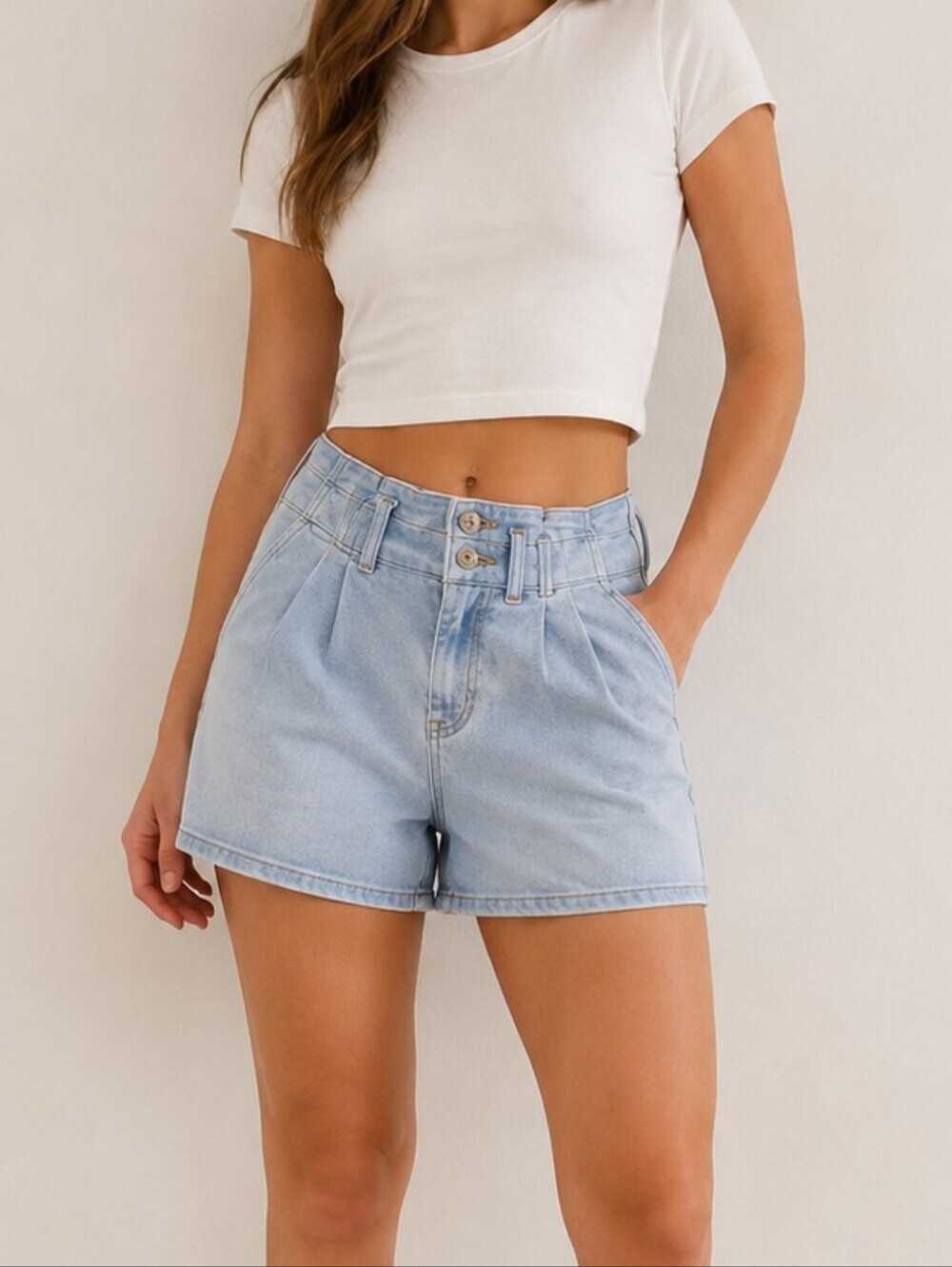 Express Midi Super High Rise Paperbag Denim Shorts Size 2 Light Wash